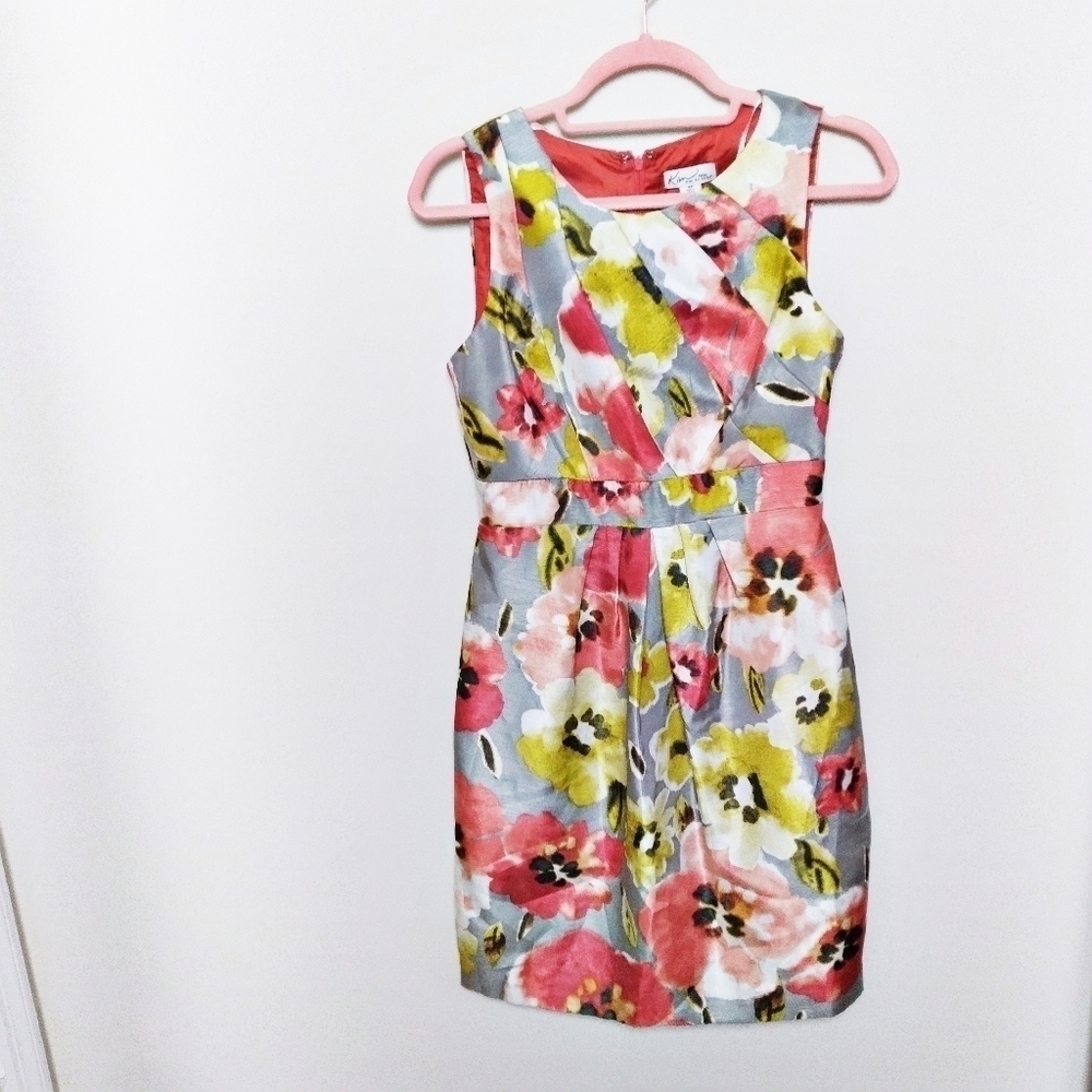 Kim Rogers Gray and Peach Floral Print Sheath Dress Size 4P